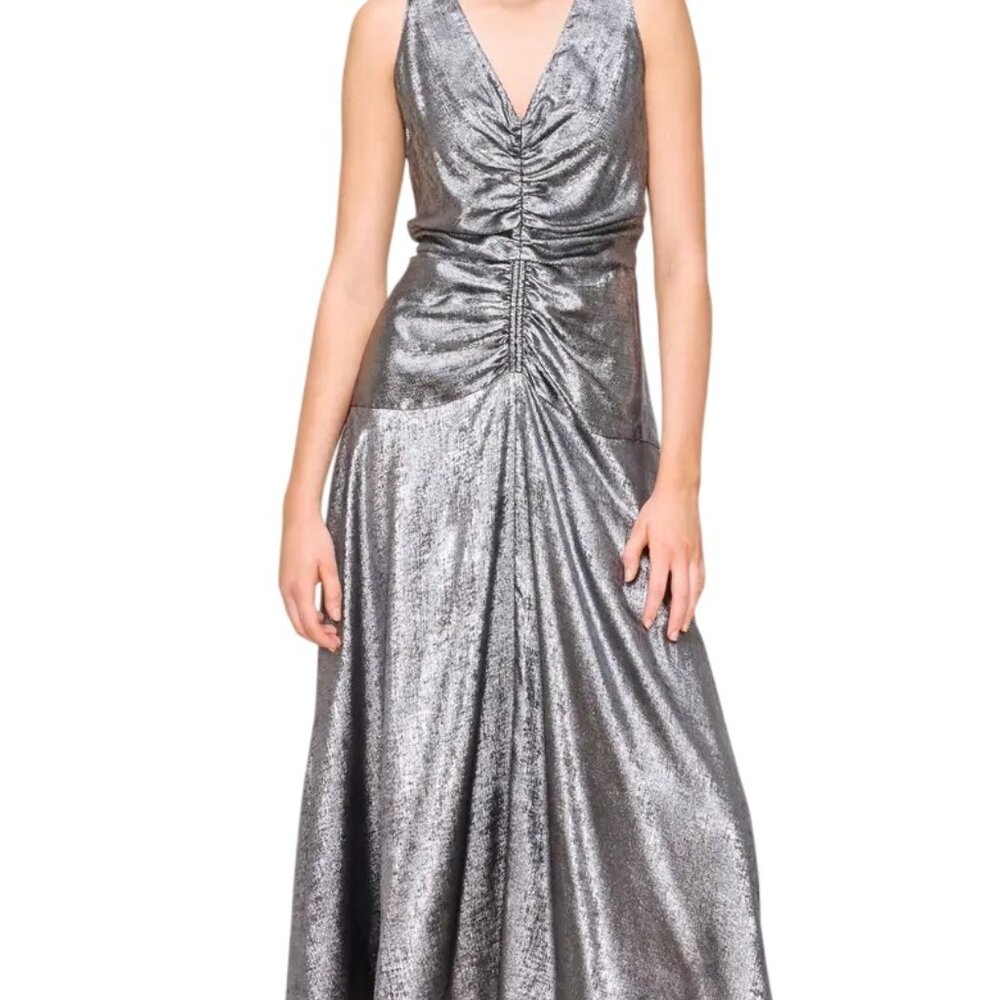 MELLODAY Metallic Ruched Front Sleeveless Midi Dress in Silver
